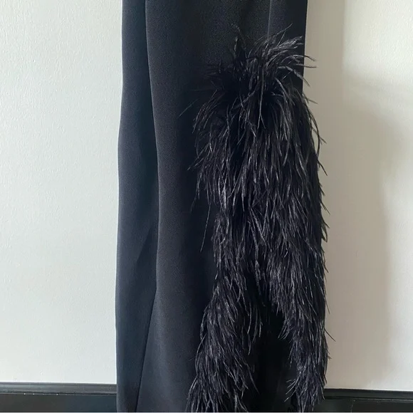 Vintage 90s Lillie Rubin Black Crystal Detailed Strap Feather Slit Evening Gown - Picture 9 of 17